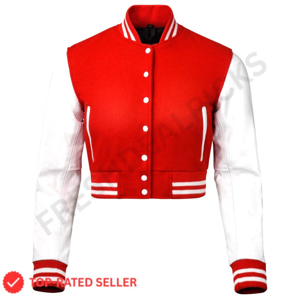 Cropped Varsity Jacket Women Leather Wool Letterman Baseball Jacket
